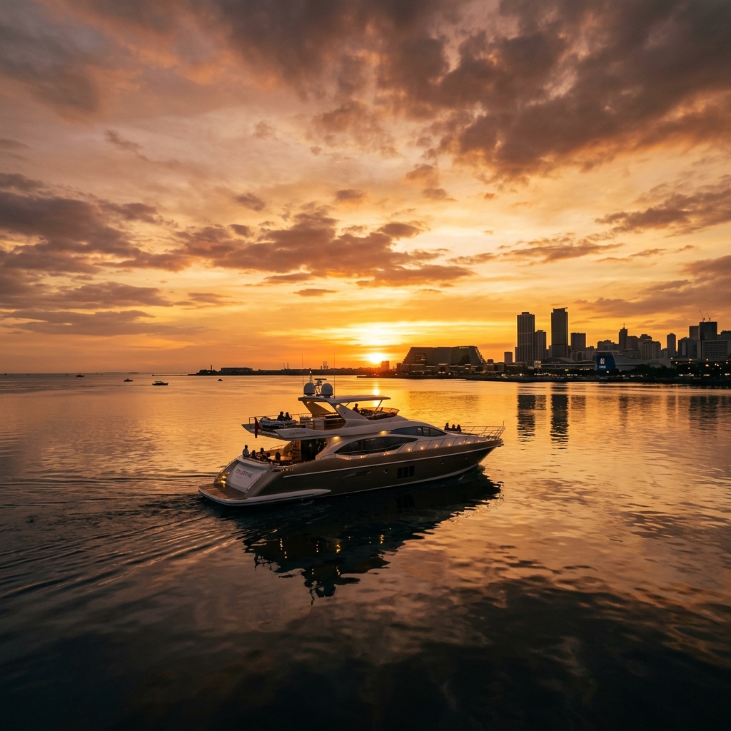 Luxury yacht sailing across Manila Bay at golden hour