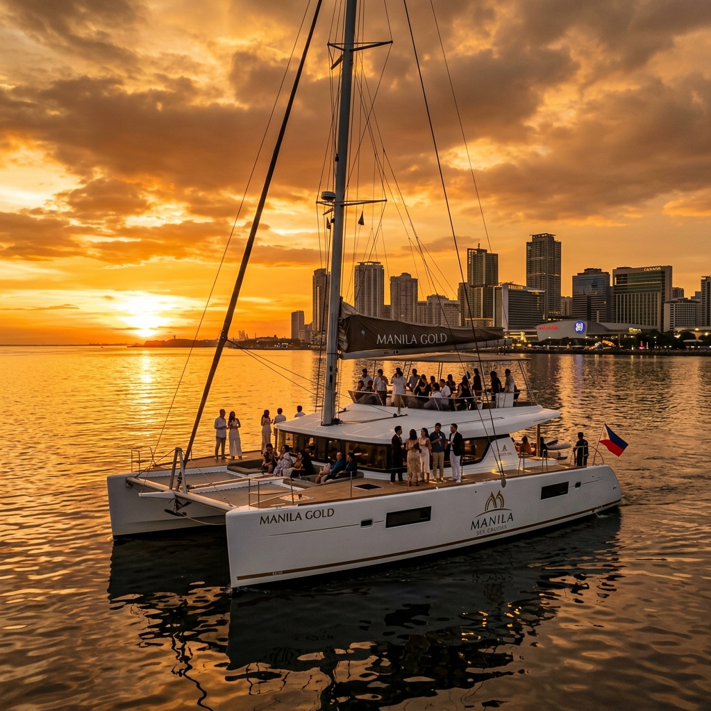 Manila Horizon luxury power cat at golden hour on Manila Bay