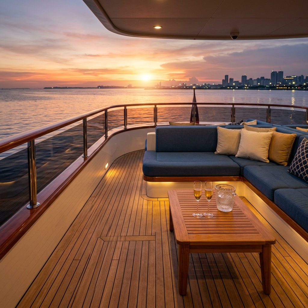 Luxury catamaran lounge at golden hour