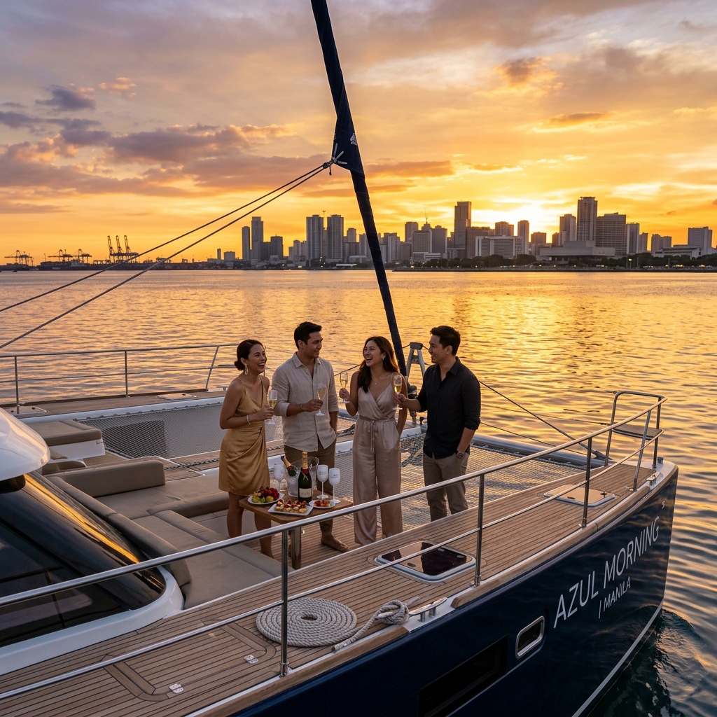Golden sunset view aboard the Manila Horizon power cat
