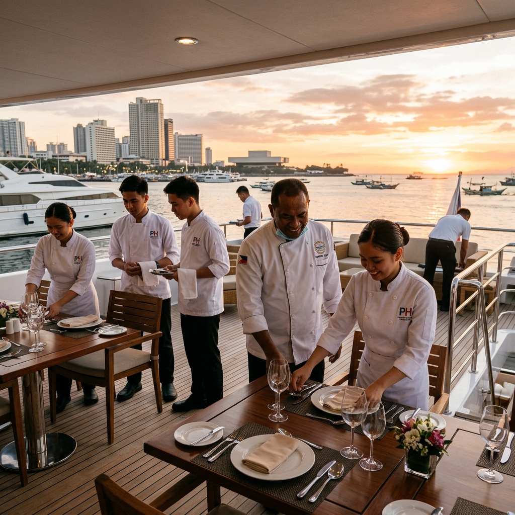 Hospitality students training on yacht