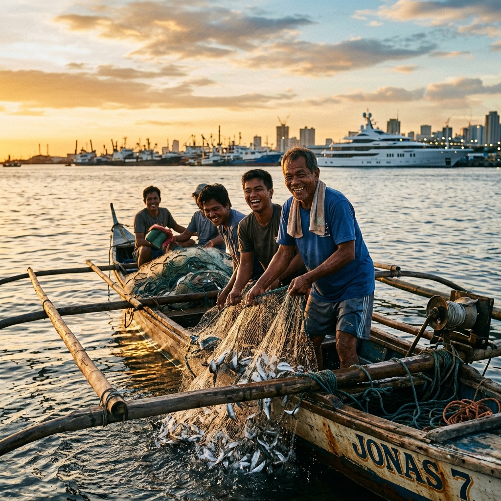 Filipino fisherfolk and luxury yacht