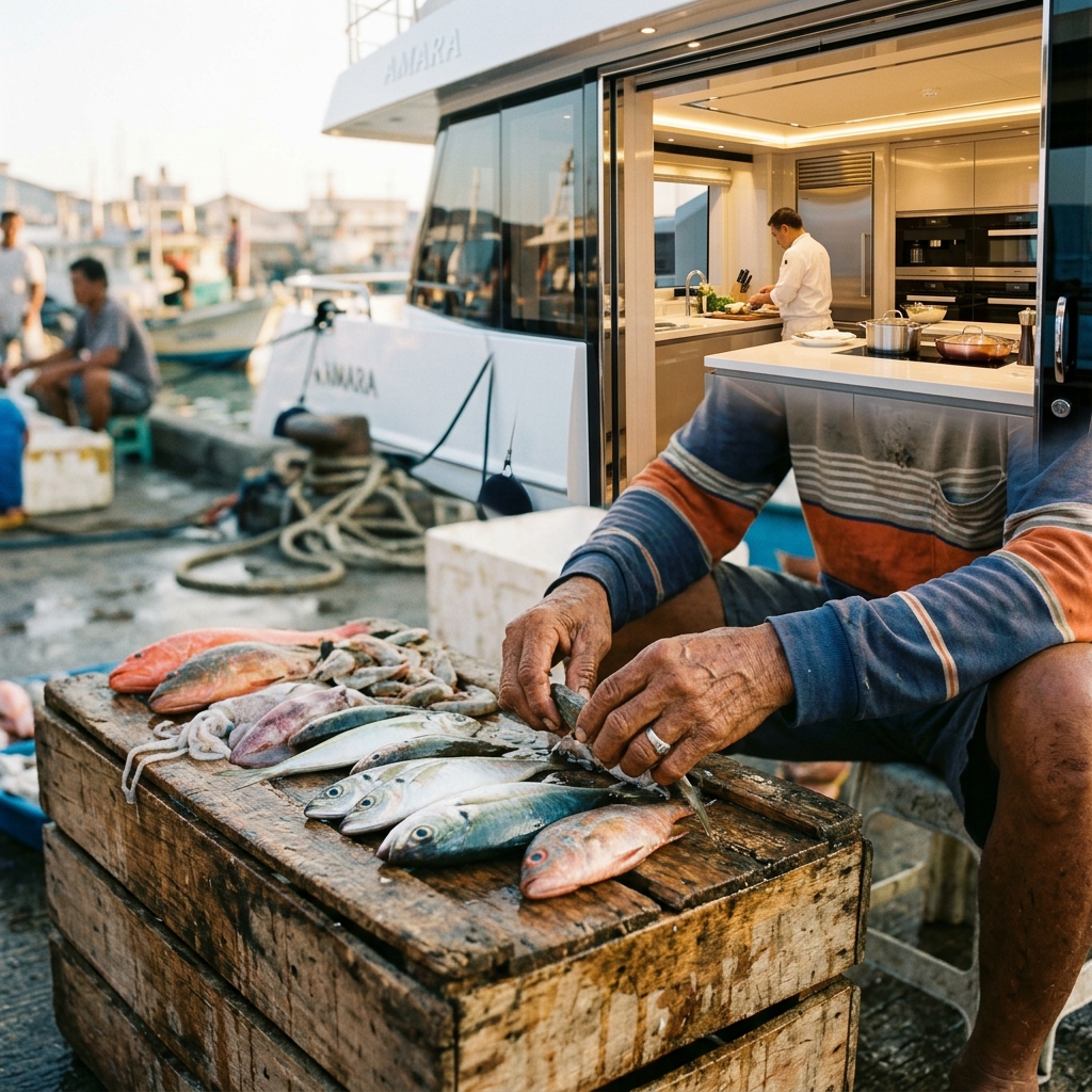Fisherman arranging fresh seafood
