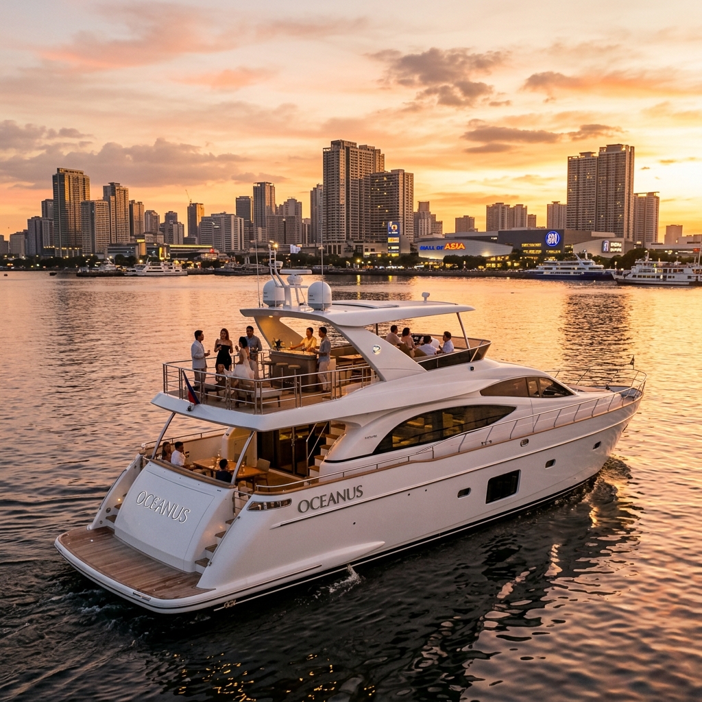 Manila Horizon VIP motor yacht at sunset on Manila Bay