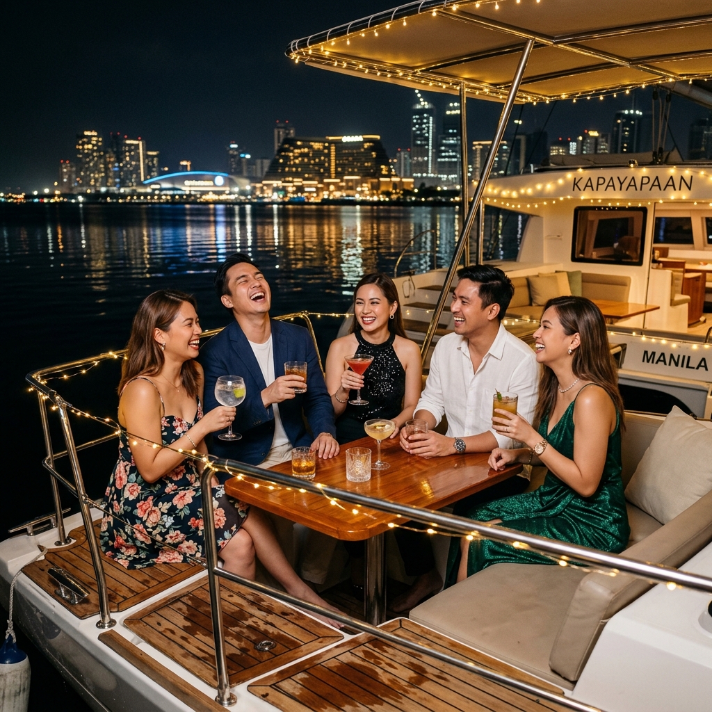 Guests enjoying cocktails on power cat deck at night